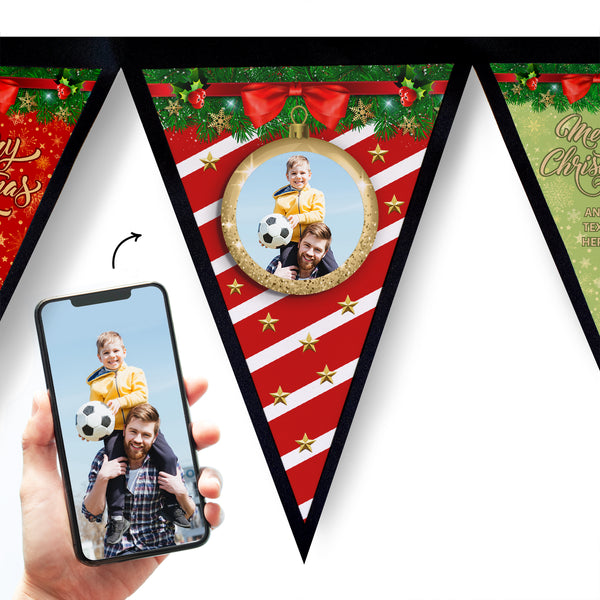 Personalised Christmas Bauble  - 3m Fabric Photo Bunting With 15 Individual Triangles