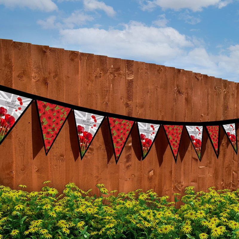 Remembrance Day - Grey Poppy Flag - 3m Fabric Bunting With 15 Individual Triangles
