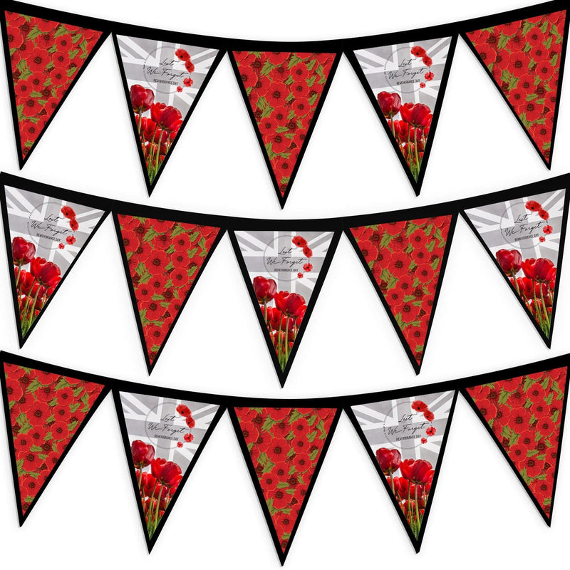 Remembrance Day - Grey Poppy Flag - 3m Fabric Bunting With 15 Individual Triangles