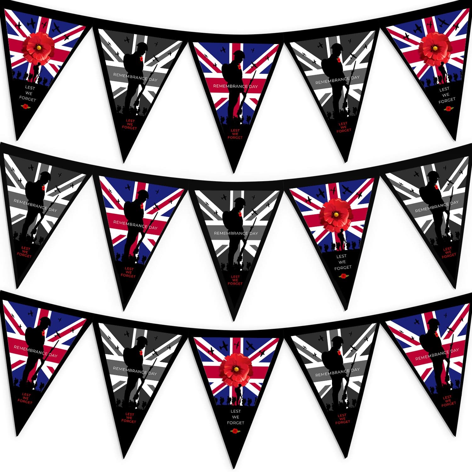 Remembrance Day 4 Repeat Pattern - 3m Fabric Bunting With 15 Individual Triangles
