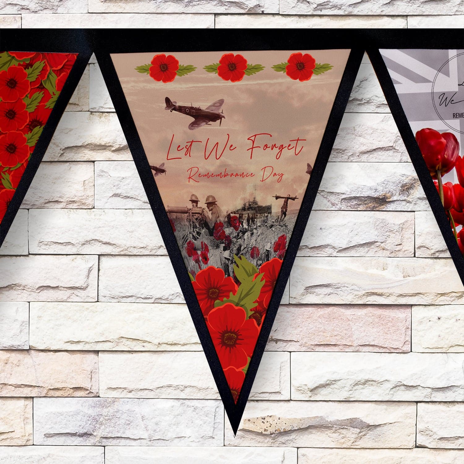 Remembrance Day 4 Repeat Mixed Pattern - 3m Fabric Bunting With 15 Individual Triangles