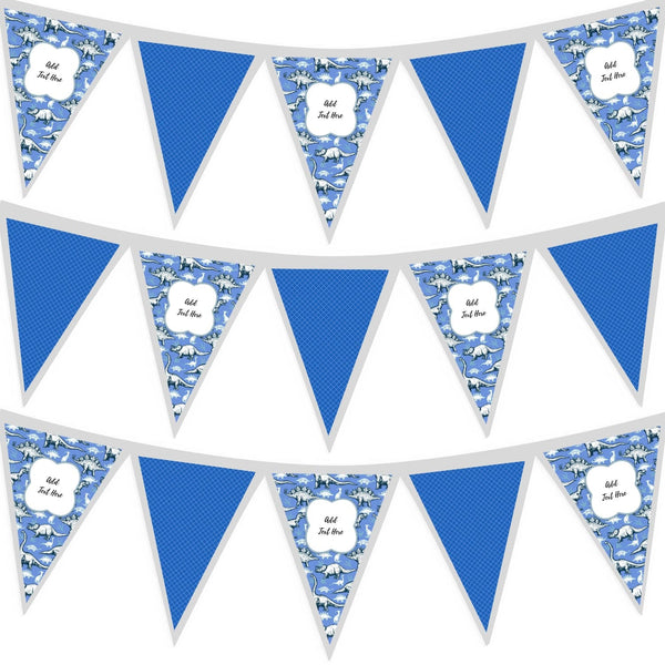 Personalised Dinosaur - Blue - 3m Fabric Bunting With 15 Individual Triangles