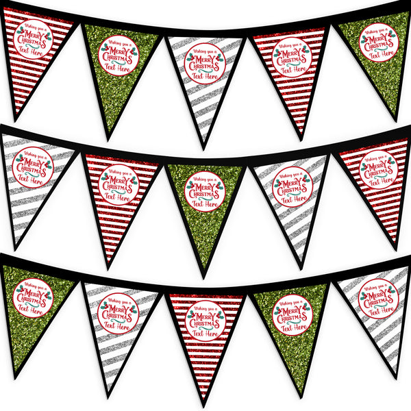 Personalised Christmas - Printed Glitter Pattern - 3m Fabric Bunting 