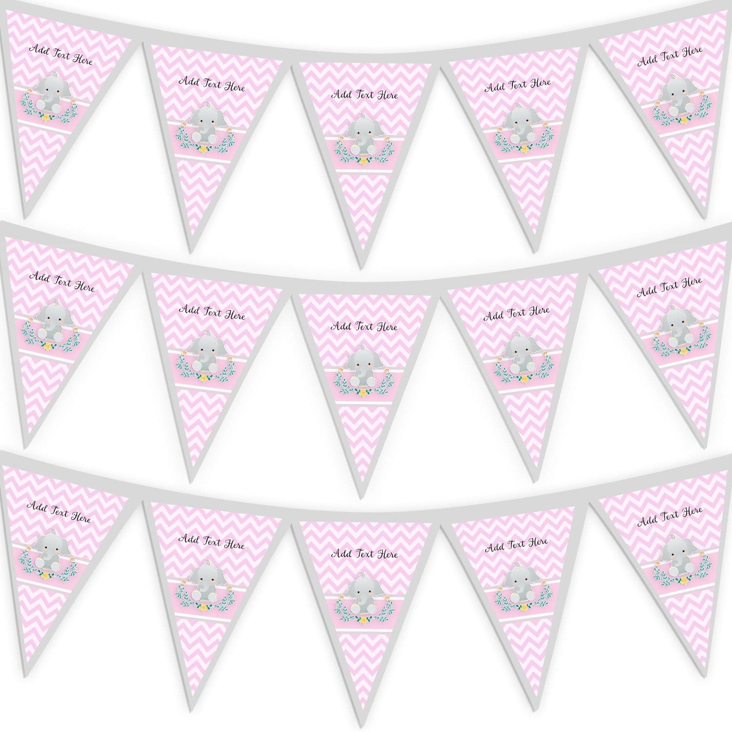 Personalised Pink Baby Elephant- 3m Fabric Bunting With 15 Individual Triangles