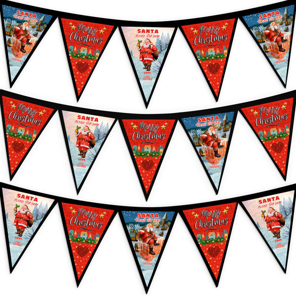 Personalised Christmas - Santa Stop Here - 3m Fabric Bunting With 15 Individual Triangles