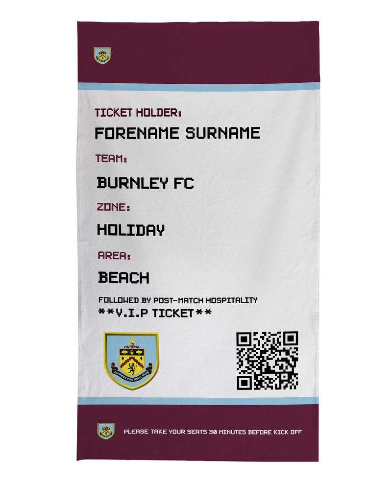 Burnley FC - Ticket Personalised Beach Towel - 150cm x 75cm - Officially Licenced
