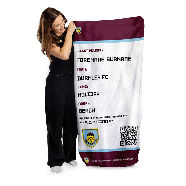 Burnley FC - Ticket Personalised Beach Towel - 150cm x 75cm - Officially Licenced