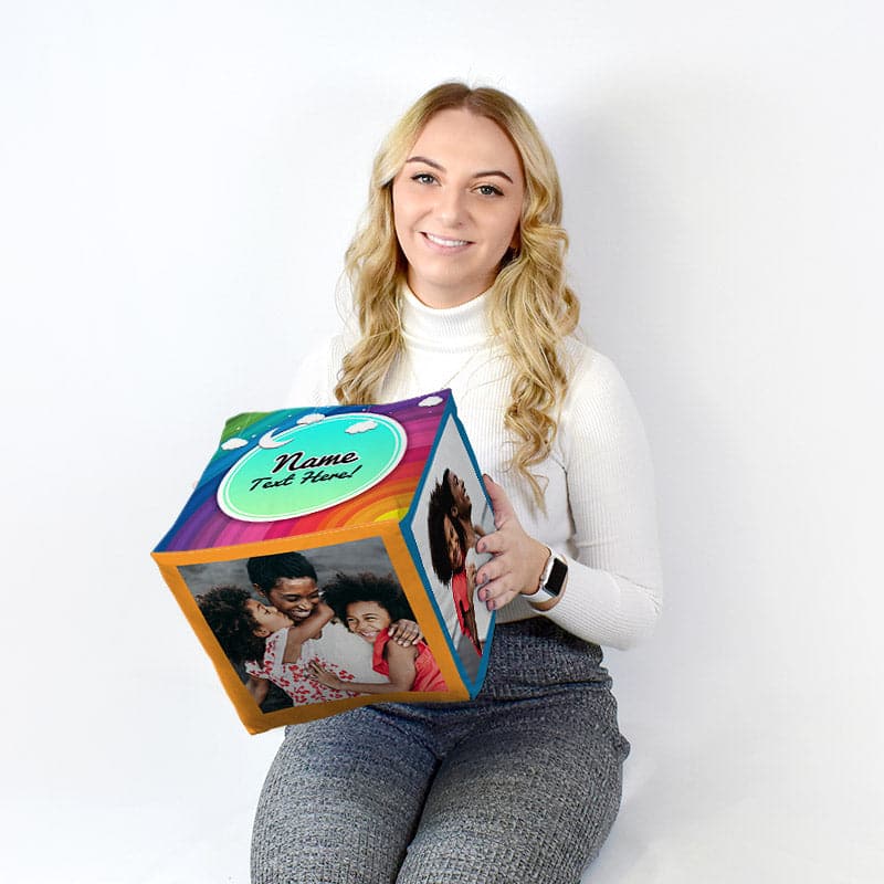 Personalised Rainbow Photo Cube Cushion - Two Sizes
