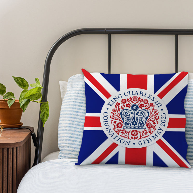 King Charles Coronation - Union Jack - Official Royal Badge - 45cm Square Cushion