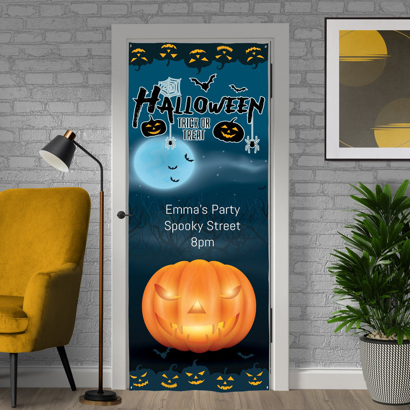 Personalised Text - Blue Haze Pumpkin - Halloween Door Banner