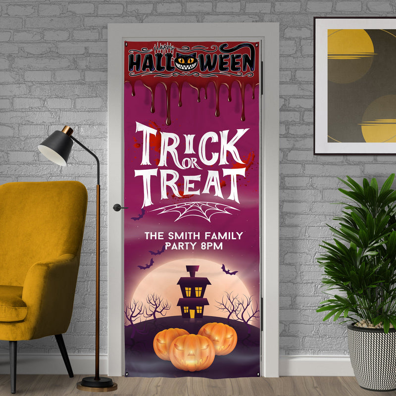 Personalised Text - Purple Trick Or Treat - Halloween Door Banner