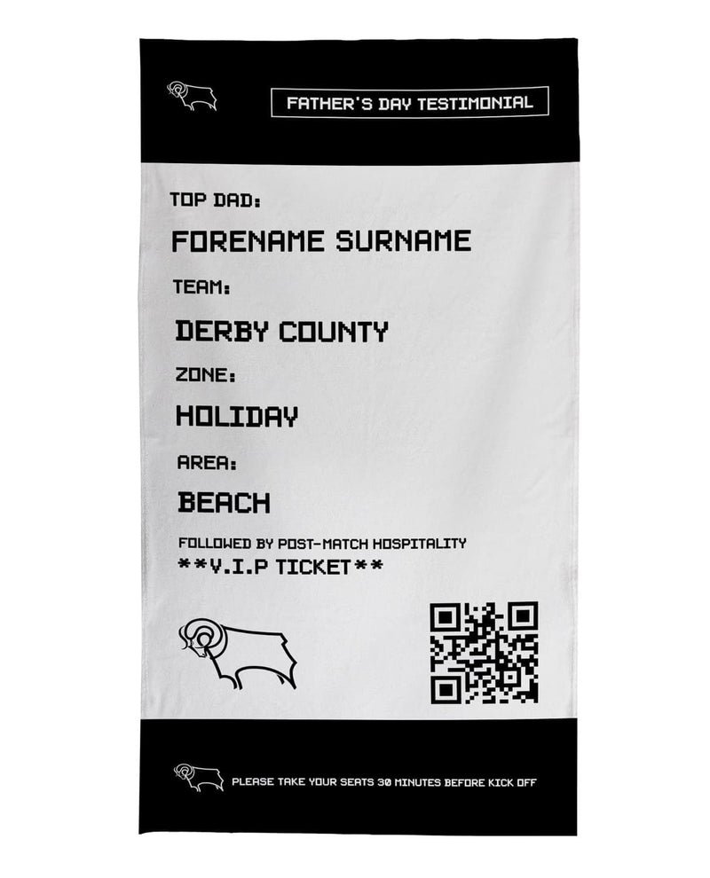 Derby County - FD Ticket Personalised Lightweight, Microfibre Beach Towel - 150cm x 75cm - Officially Licenced