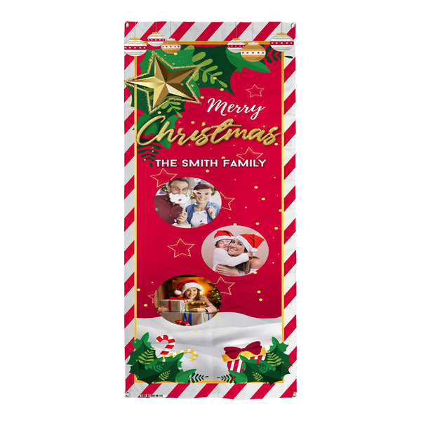Personalised Text - Red Stripe 3 Photo - Christmas Door Banner