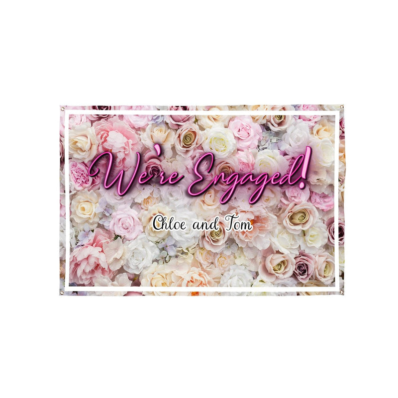 Personalised Text - Engaged Floral Party Backdrop - 5ft x 3ft