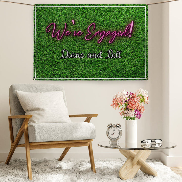 Personalised Text - Engaged Grass Party Backdrop - 5ft x 3ft