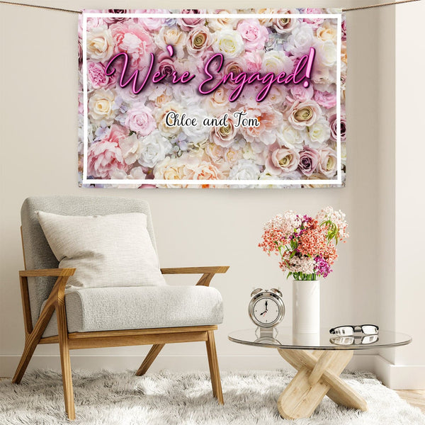 Personalised Text - Engaged Floral Party Backdrop - 5ft x 3ftPersonalised Text - Engaged Floral Banner - 5ft x 3ft