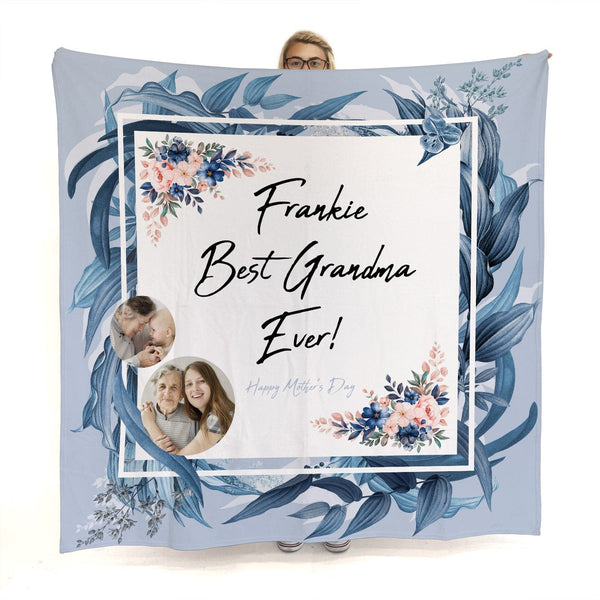 Summer Floral Design Blue Bliss - Personalised 2 Photo Fleece Blanket