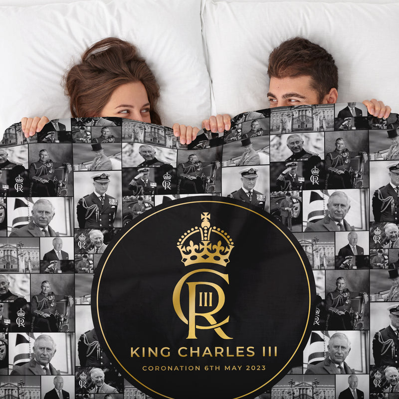 King Charles Coronation - B&W Collage - 150 x 150cm Fleece Blanket
