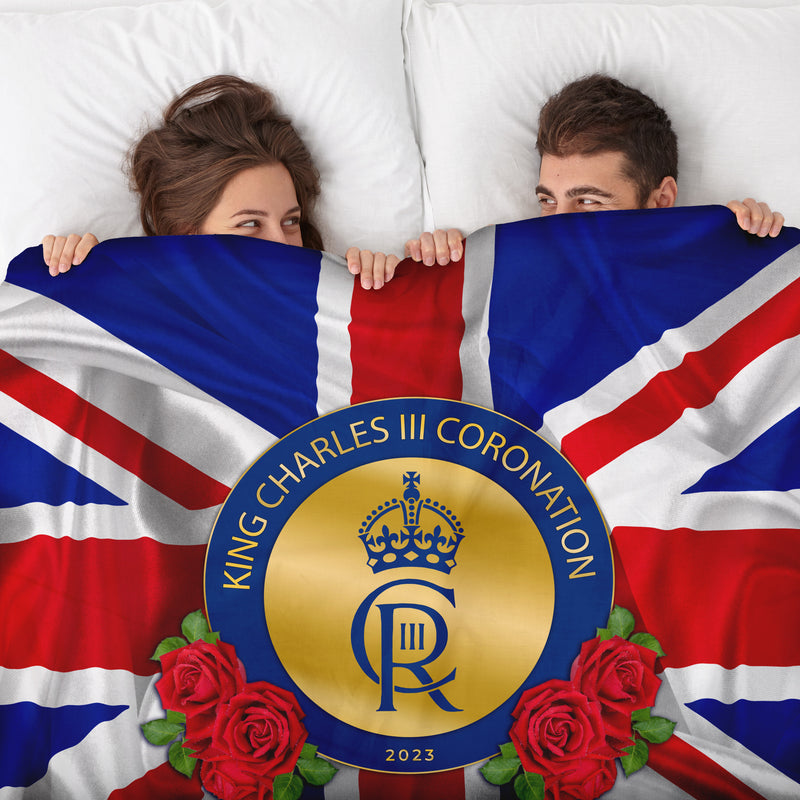 King Charles Coronation - Union Jack Ripple - Roses - 150 x 150cm Fleece Blanket