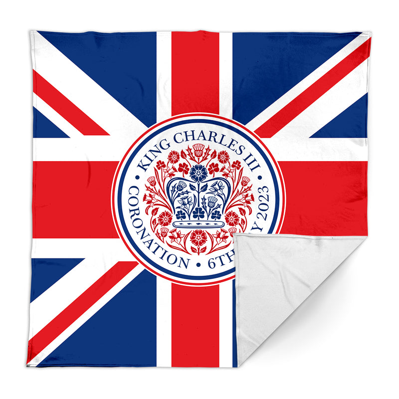 King Charles Coronation - Union Jack - Official Royal Badge - Roses - 150 x 150cm Fleece Blanket