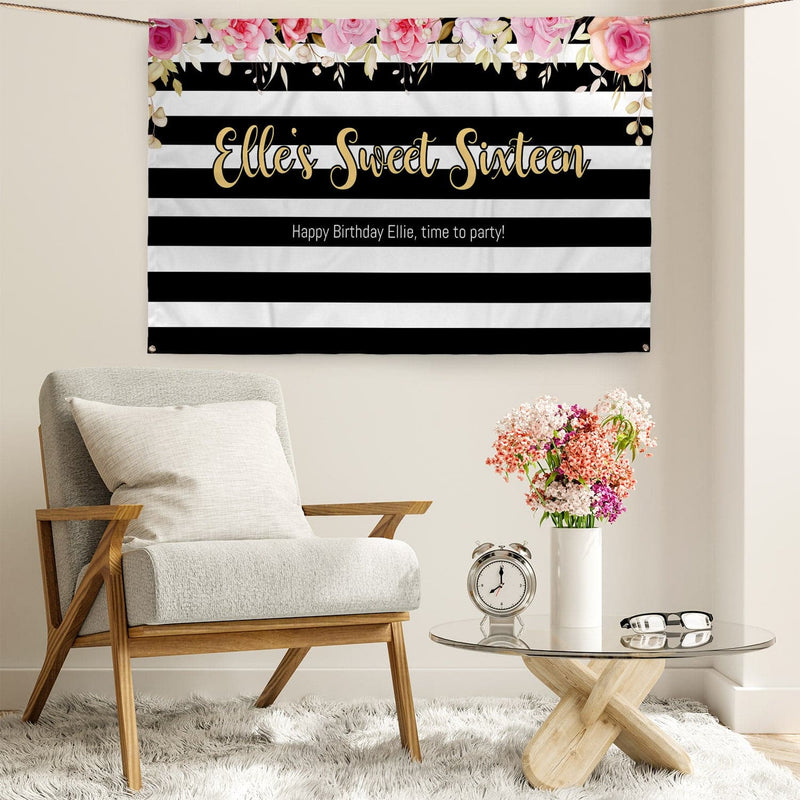 Personalised Text - Floral Stripe Party Backdrop - 5ft x 3ft