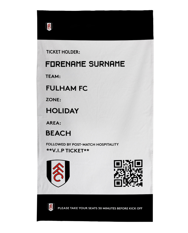 Fulham FC - Ticket Personalised Lightweight, Microfibre Beach Towel - 150cm x 75cm - Officially Licenced