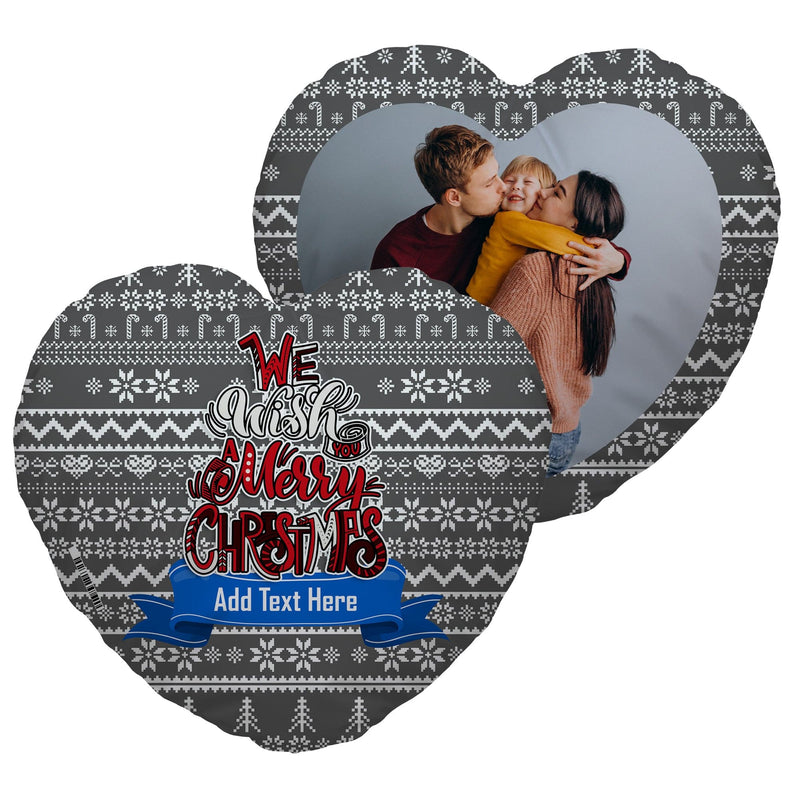Personalised We Wish You A Merry Christmas - Grey - Heart Shaped Photo Cushion