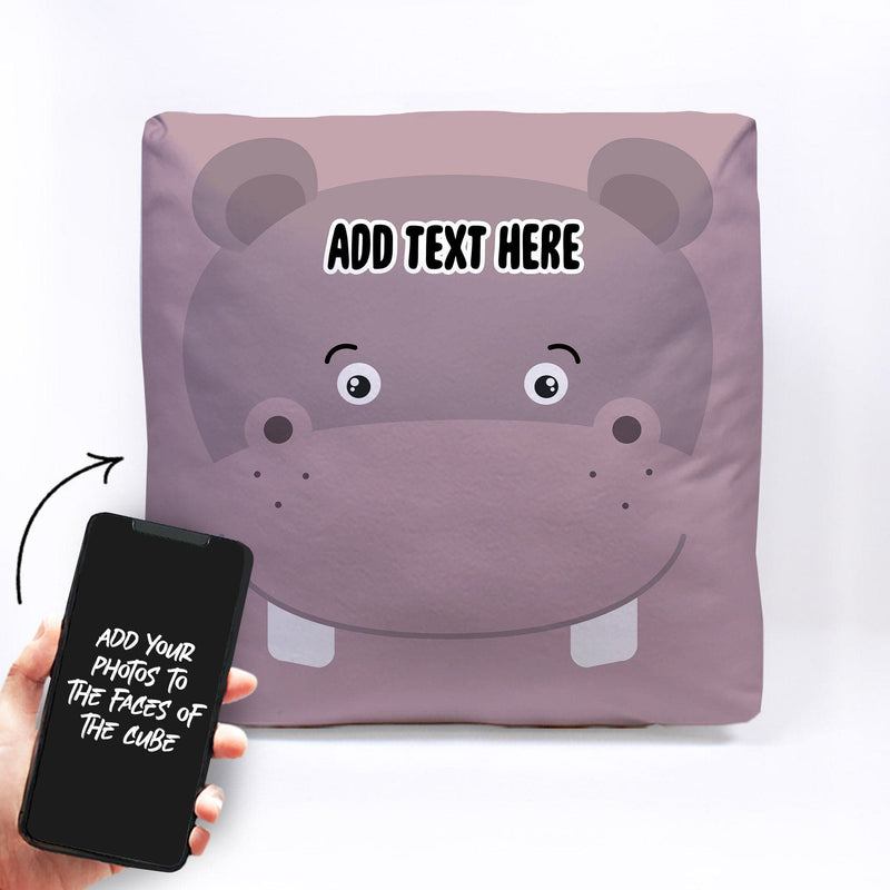 Personalised Hippo Photo Cube Cushion - Two Sizes
