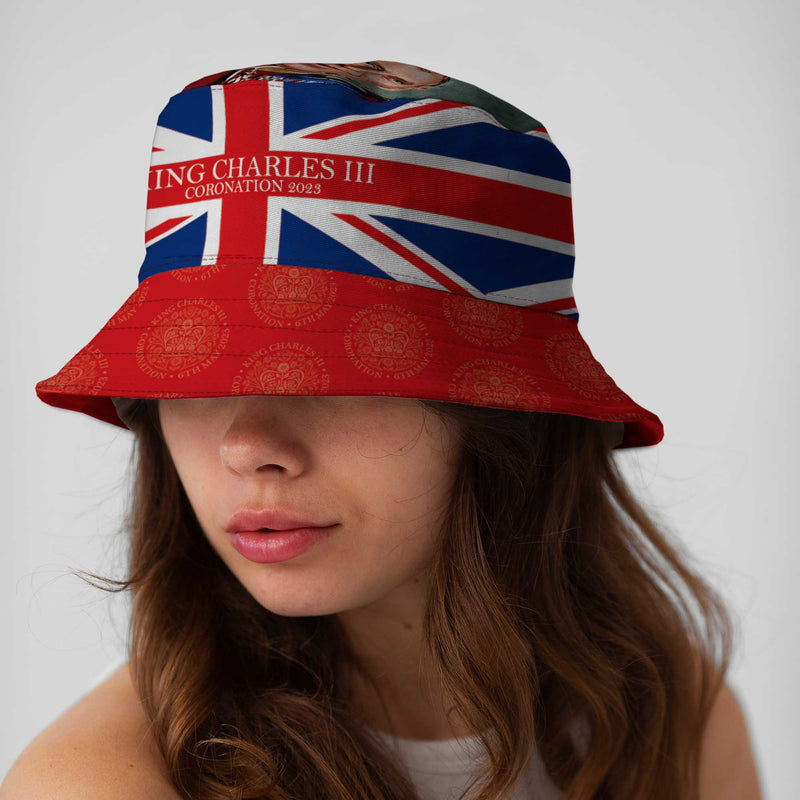King Charles Commemorative Bucket Hat on woman