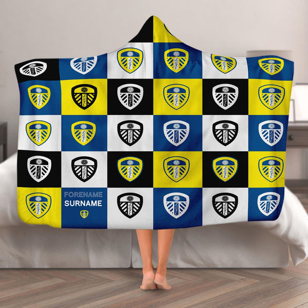Leeds United FC - Chequered Adult Hooded Fleece Blanket - Officially Licenced