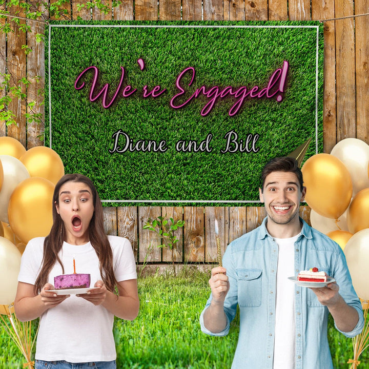 Personalised Text - Engaged Grass Party Backdrop - 5ft x 3ft