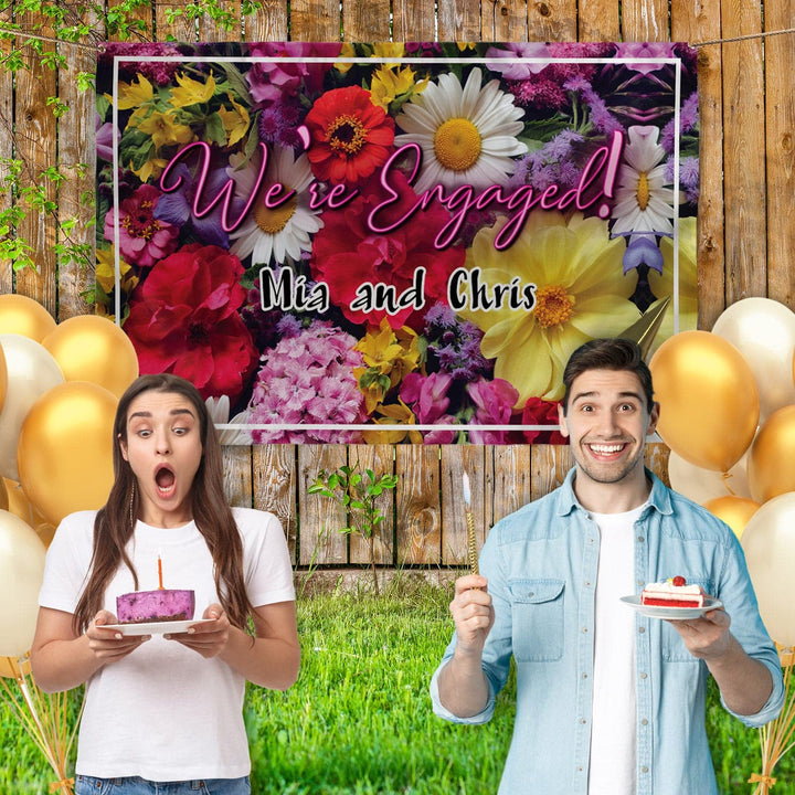 Personalised Text - Engaged Bright Floral Party Backdrop - 5ft x 3ft