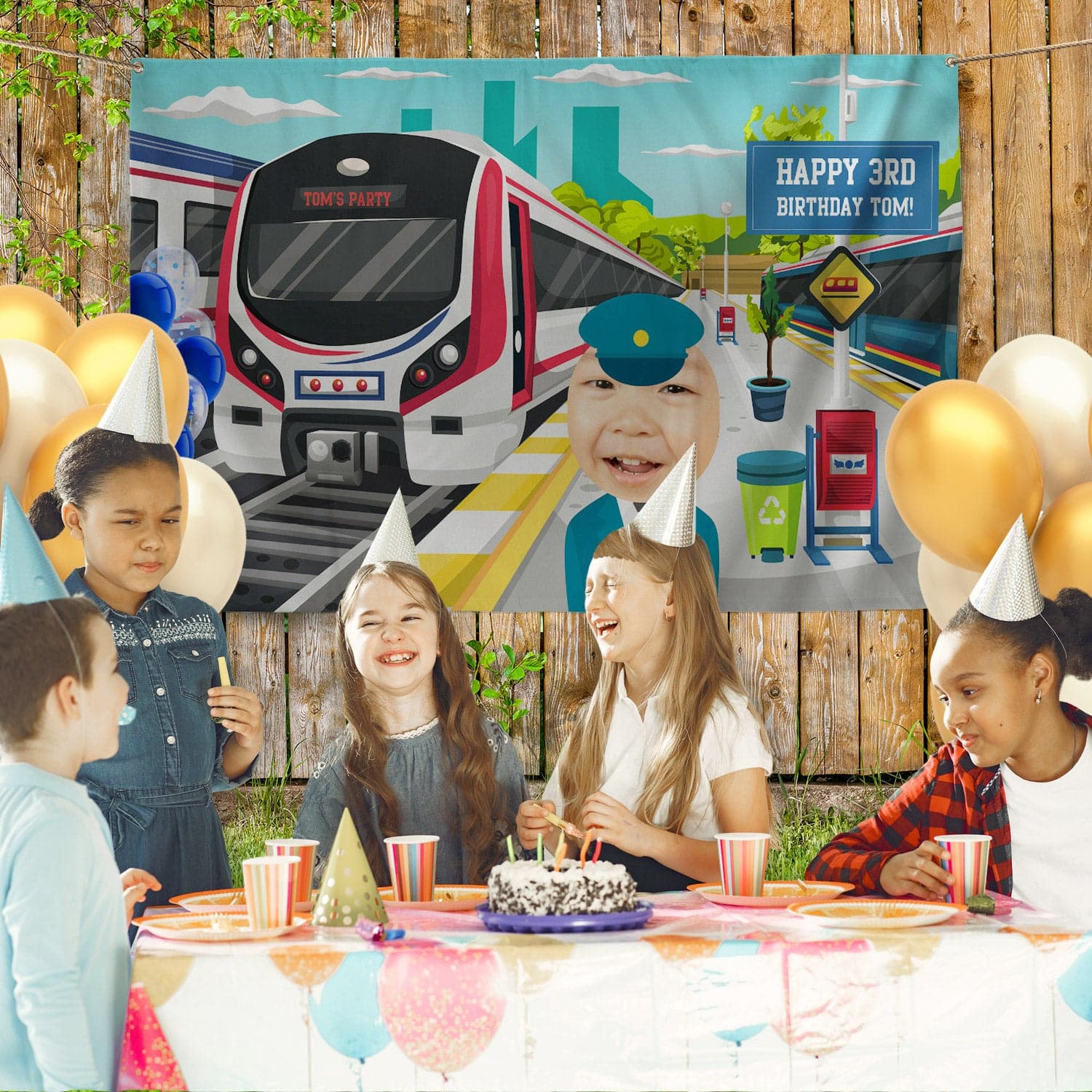 Personalised Text - Train Party Backdrop - 5ft x 3ft