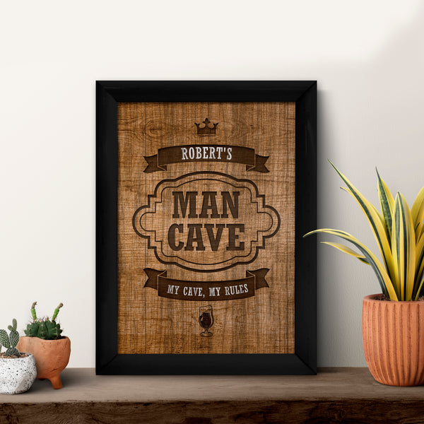 Personalised Man Cave - Wood - A4 Metal Sign Plaque - Frame Options Available