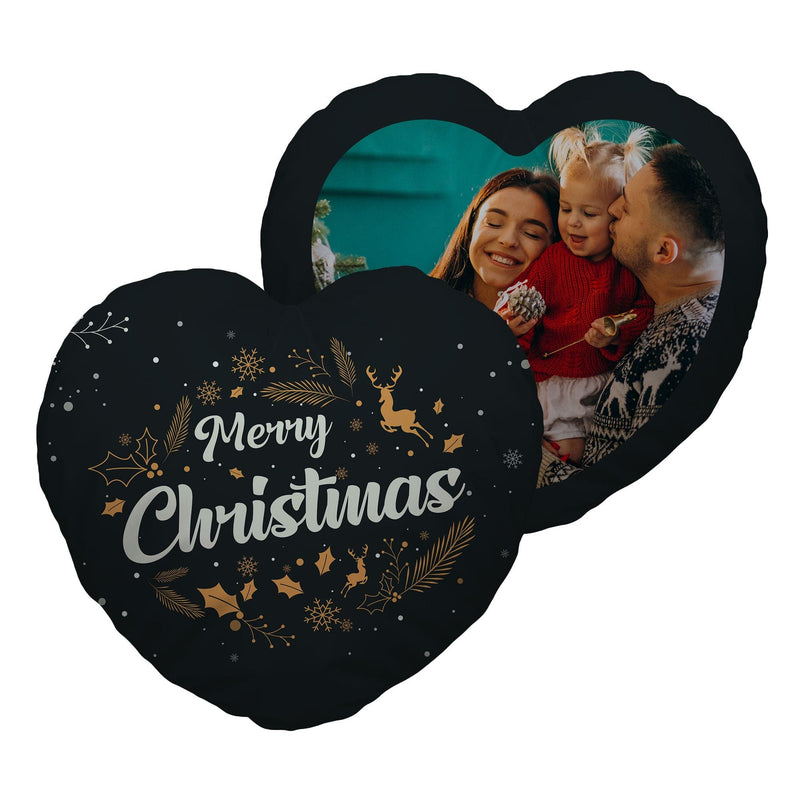 Merry Christmas - Gold - Heart Shaped Photo Cushion