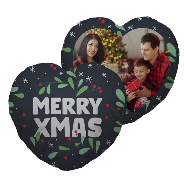 Merry Xmas - Heart Shaped Photo Cushion