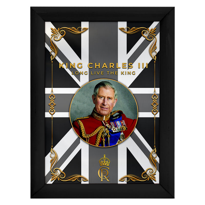 King Charles Coronation - B&W Flag - A4 Metal Sign Plaque - Frame Options Available
