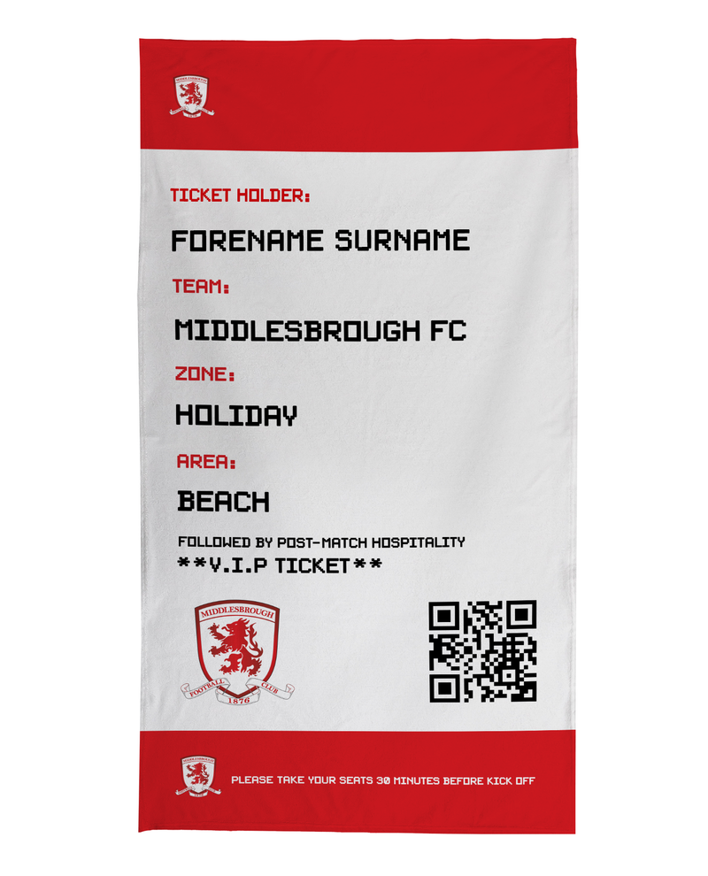 Middlesbrough FC - Ticket Personalised Lightweight, Microfibre Beach Towel - 150cm x 75cm - Officially Licenced