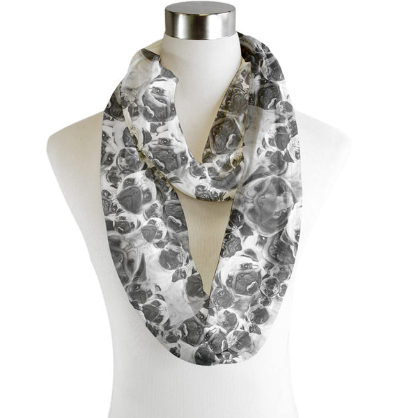 Pugs All Over - Black and White - Scarf - Infinity  - Chiffon