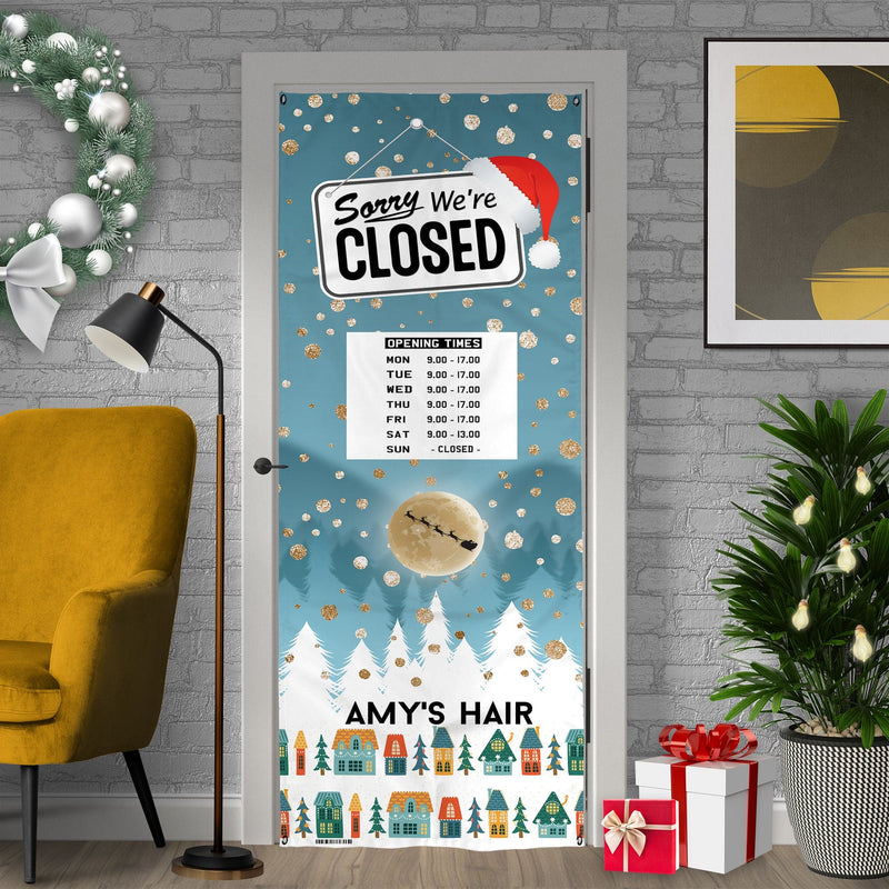 Personalised Text - Gold Snow Closed Sign - Christmas Door Banner