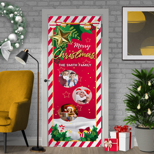 Personalised Text - Red Stripe 3 Photo - Christmas Door Banner
