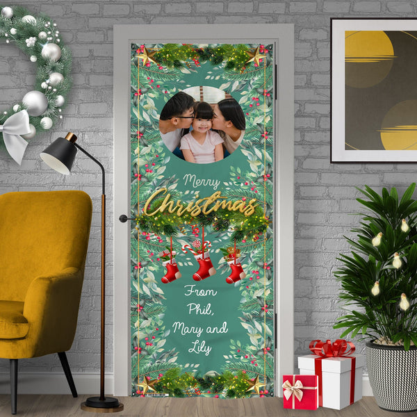 Personalised Text - Green Holly - Photo Christmas Door Banner
