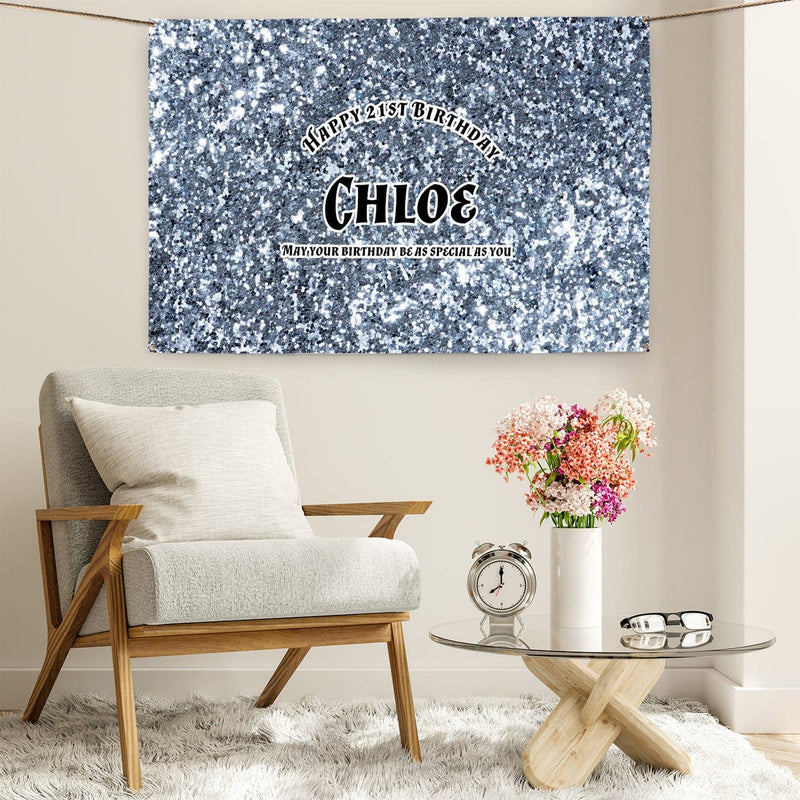 Personalised Text - Silver Glitter Party Backdrop - 5ft x 3ft