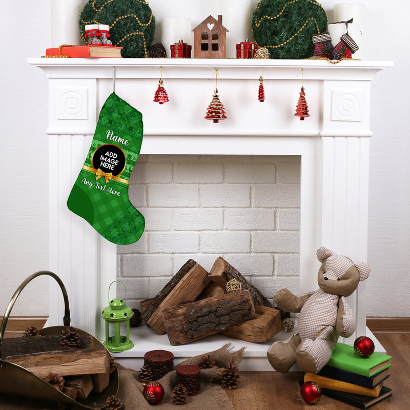 Golden Bow - Green - Personalised Photo Christmas Stocking