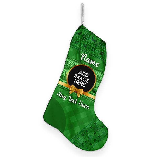 Golden Bow - Green - Personalised Photo Christmas Stocking
