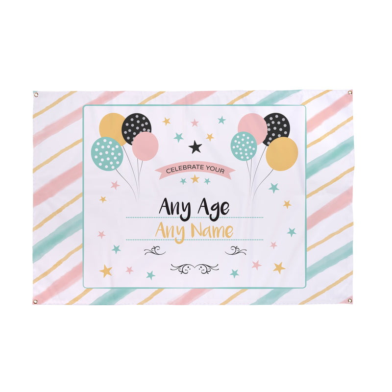 Personalised Stripey Birthday Party Name & Age Banner - 5ft x 3ft