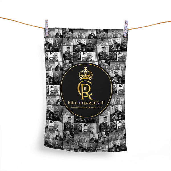 King Charles Coronation - B&W Collage - Tea Towel