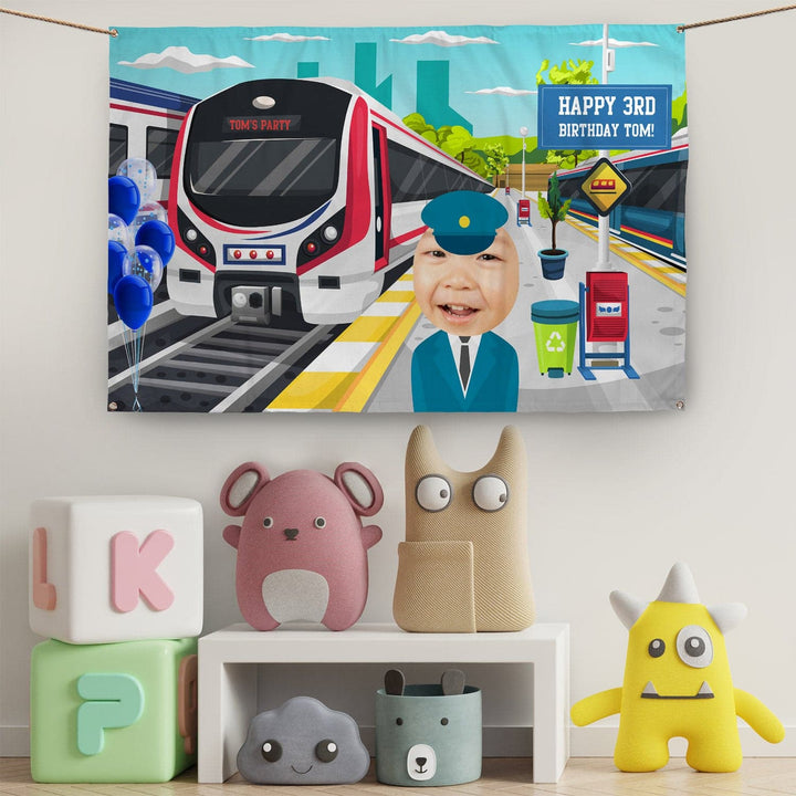 Personalised Text - Train Party Backdrop - 5ft x 3ft
