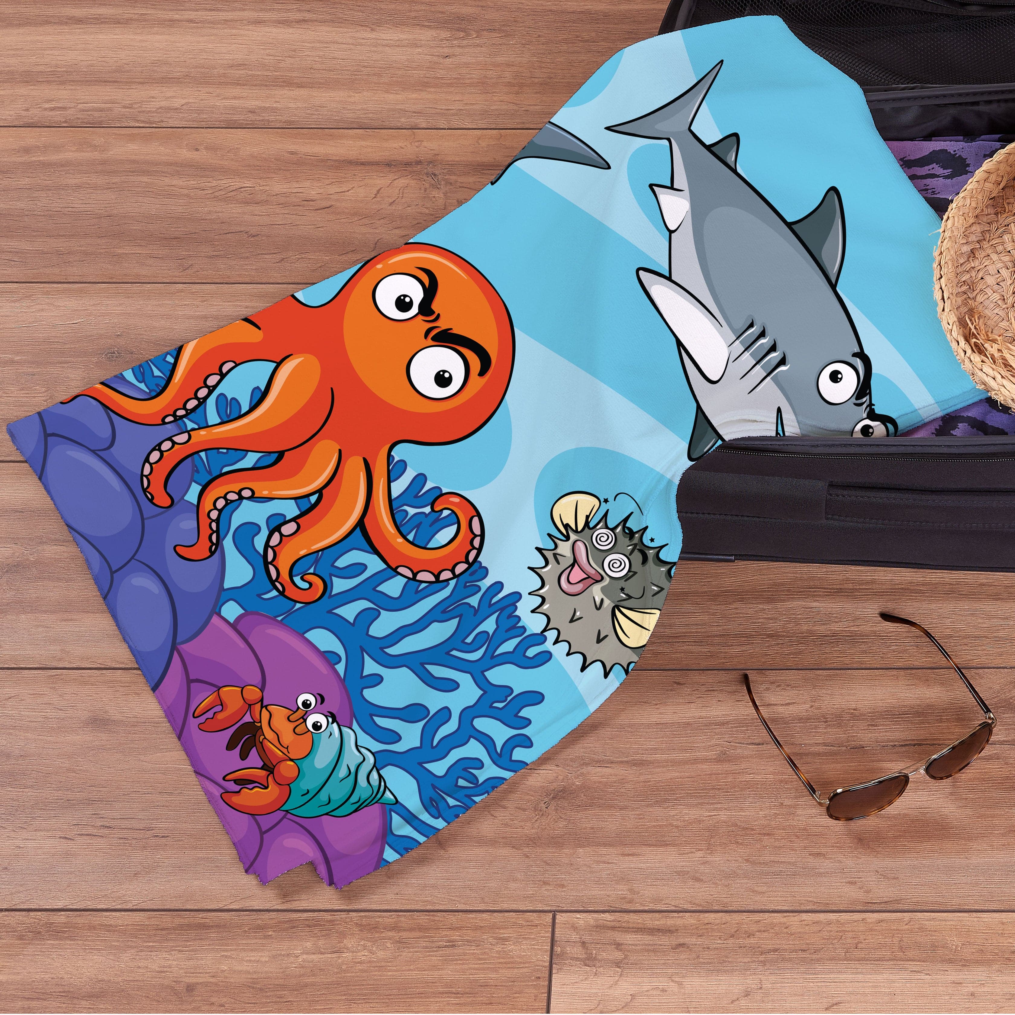 Kids Beach Towel - 30x60 Microfiber Shark & Octopus Design For Boys & Girls, Pool, Summer Gifts