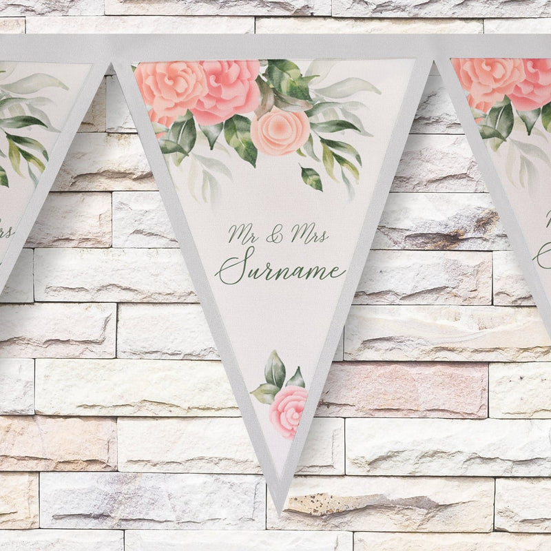 Personalised Wedding - Sage & Pink Roses - 3m Fabric Bunting